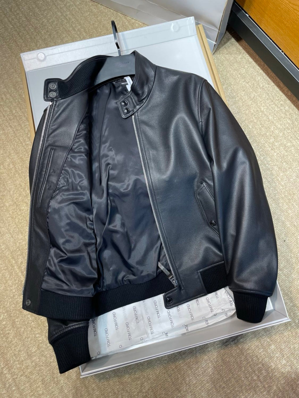 Tom Ford Men's Fall/Winter Fashion Classic Solid Color Leather High Neck Zipper Long Sleeve Leather Jacket #79141