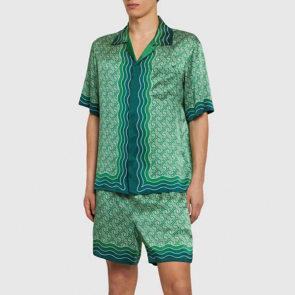 Casablanca Men's Summer Green Line Wave Print Lapel Single Breasted Short Sleeve Shirt Drawstring Tie Shorts Set Suit #73575