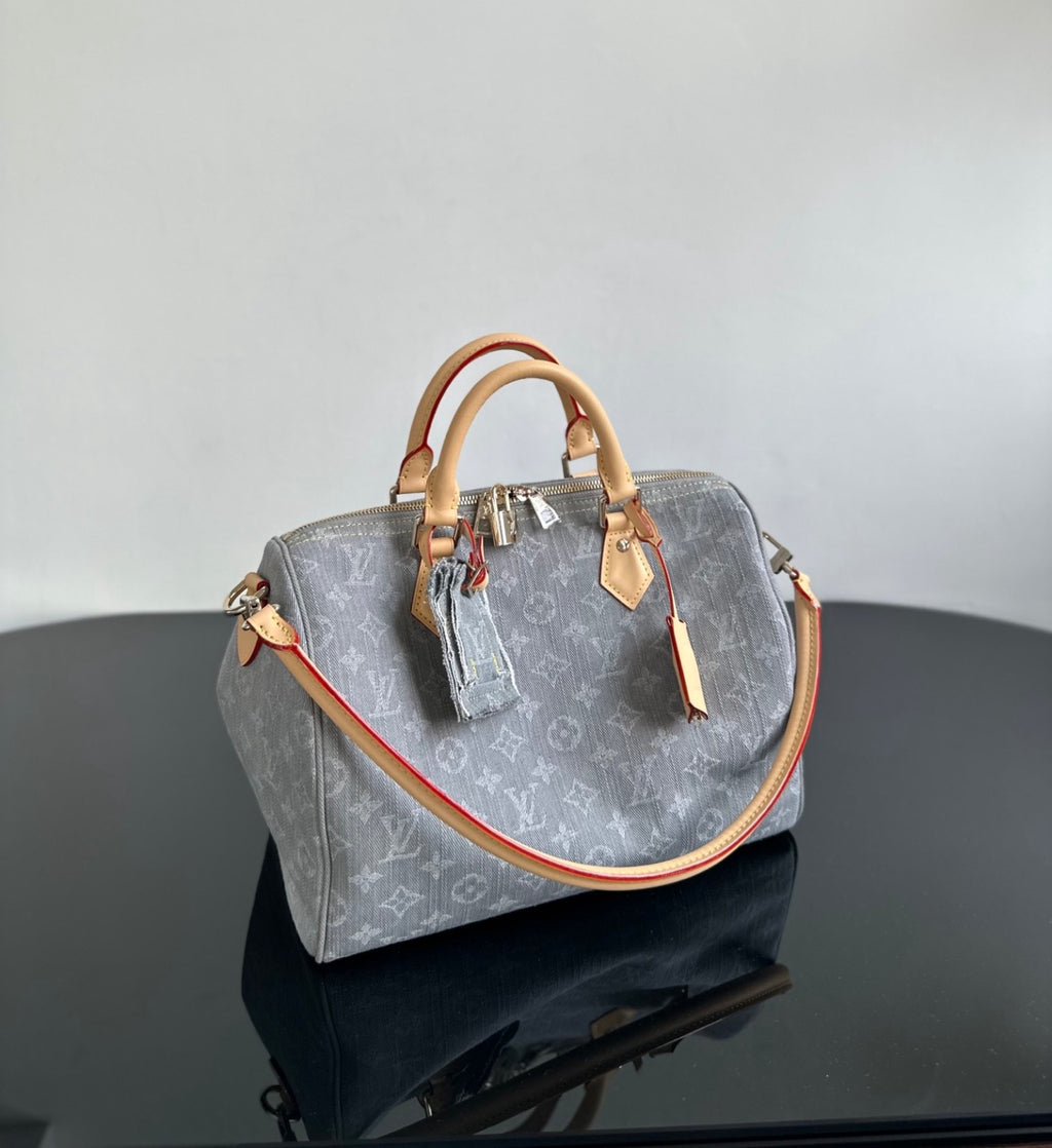 Louis Vuitton Gray Denim Speedy Soft 30 Handbag: Stylish And Elegant Classic Patterned Canvas With Leather Accents Clutch/crossbody Bag Bags M13344 #196794