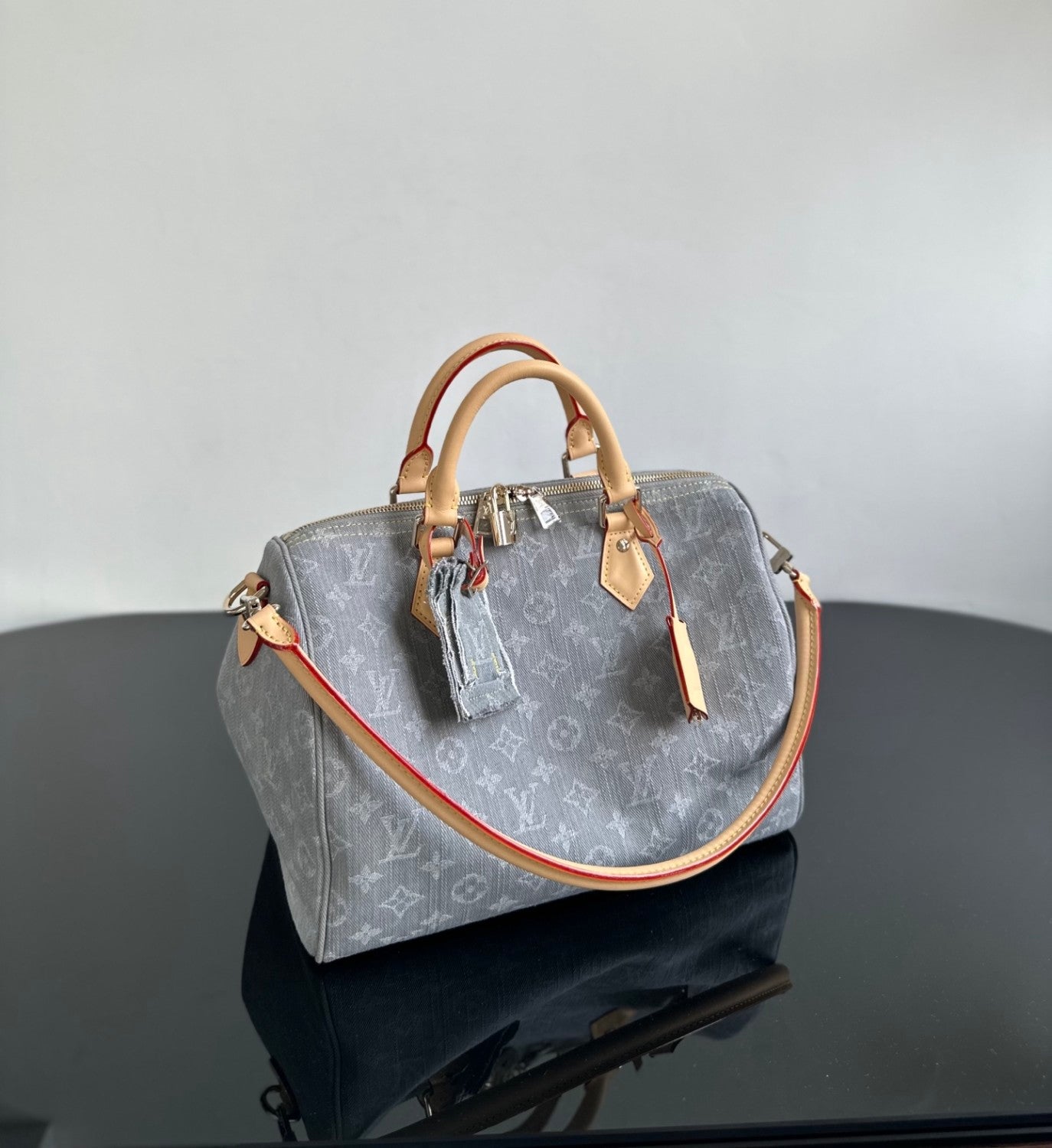 Louis Vuitton Gray Denim Speedy Soft 30 Handbag: Stylish And Elegant Classic Patterned Canvas With Leather Accents Clutch/crossbody Bag Bags M13344 #196794