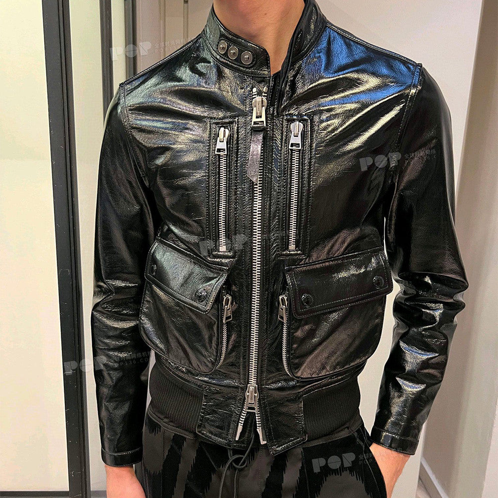 Men's Winter Solid Color Long-sleeved Fitted Zipper Leather Jacket Ngvp #6925