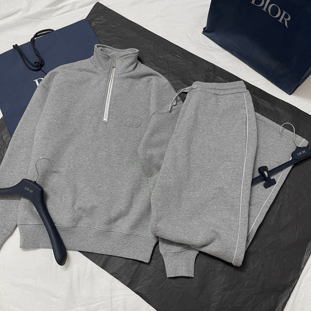 Dior Men's Spring/Autumn Solid Color Cotton Qilong Embroidered Logo Half-Zip Long-Sleeved Sweatshirt and Casual Sports Pants Set Suit #77946