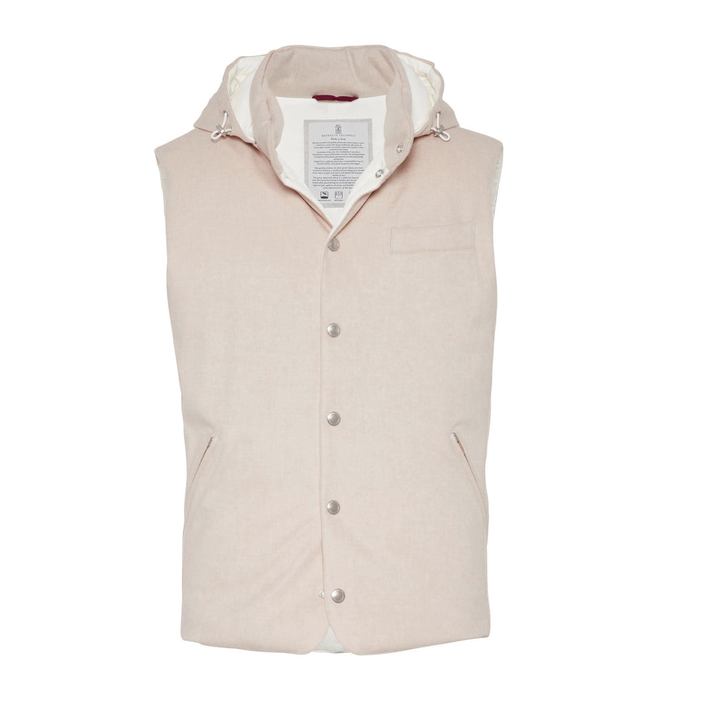 Brunello Cucinelli Men's Spring/Autumn Detachable Hooded Solid Color Single-Breasted Bonded Wool Flannel Down Vest Ngvp #2293