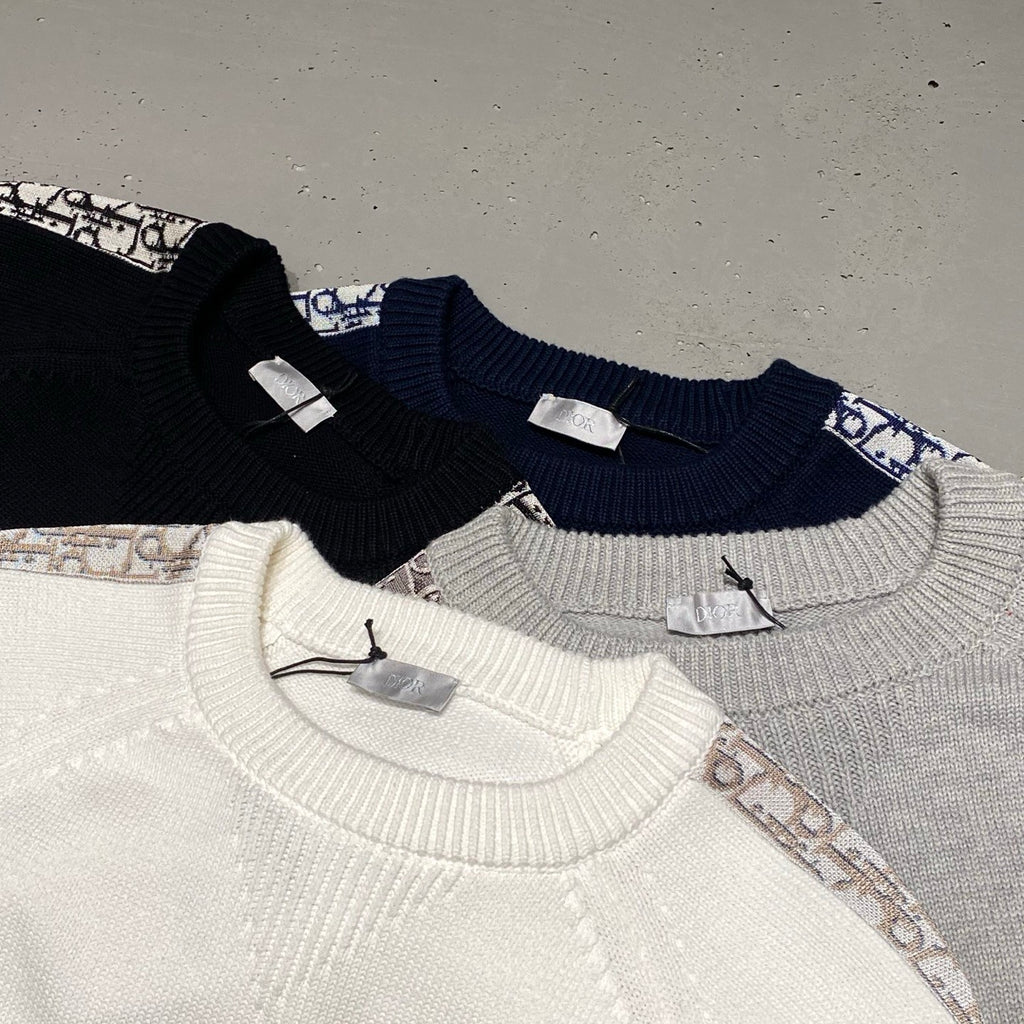 Dior Men's and Women's Fall/Winter Crewneck Pullover Oblique Print Patchwork Floral Weave Ribbed Knit Pullover Sweater #79479