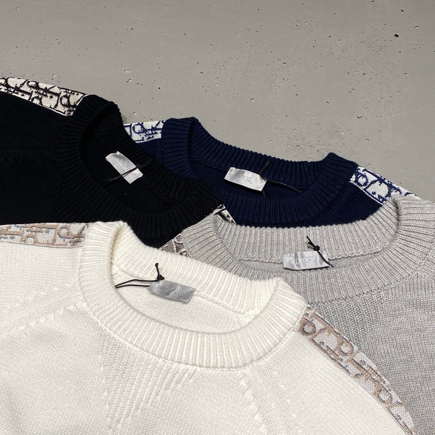 Dior Men's and Women's Fall/Winter Crewneck Pullover Oblique Print Patchwork Floral Weave Ribbed Knit Pullover Sweater #79479