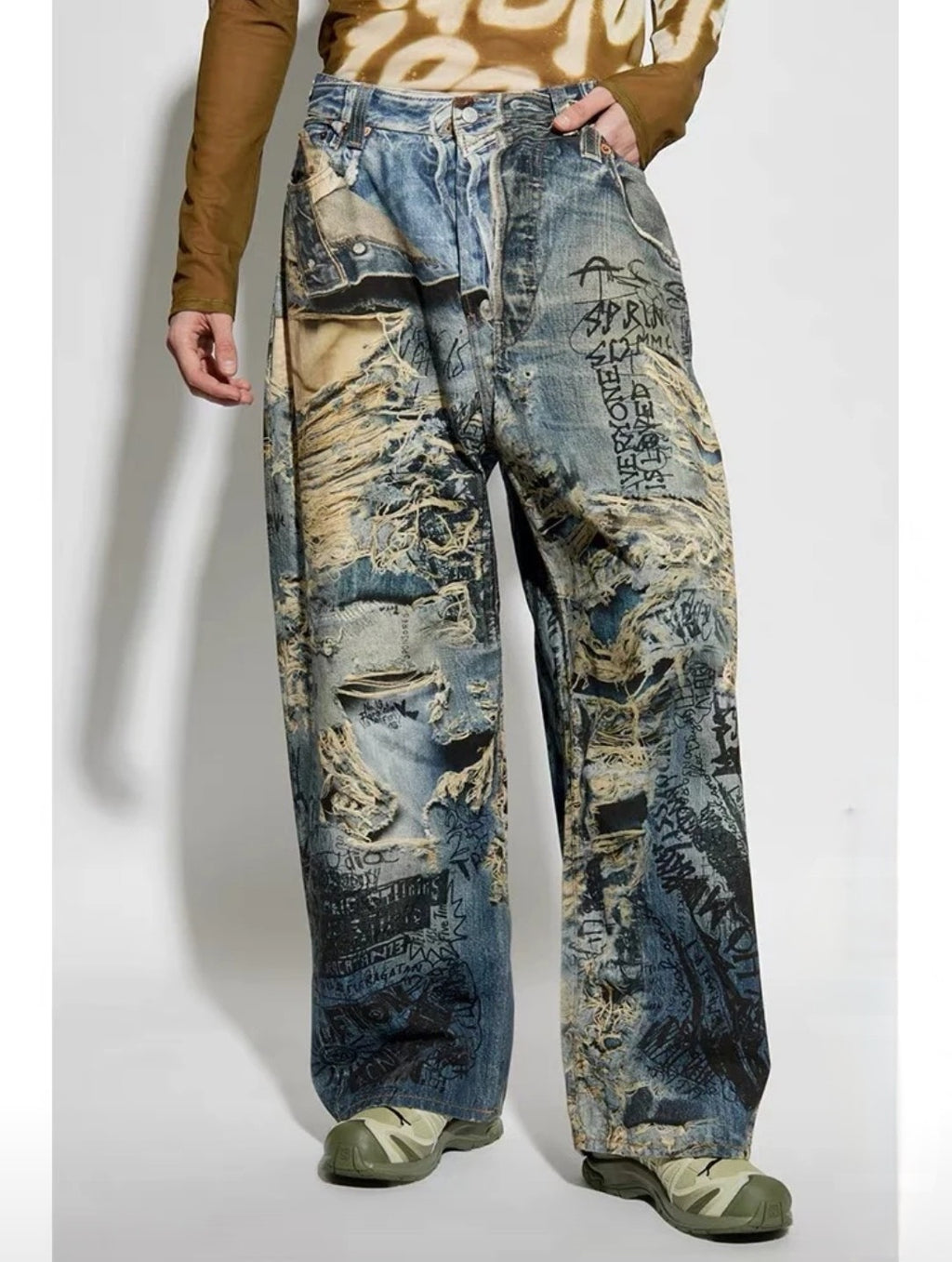 Acne Studios Men's Four Seasons Printed Hole Torn Solid Color Super Baggy Straight Fit Jeans Ngvp #1413