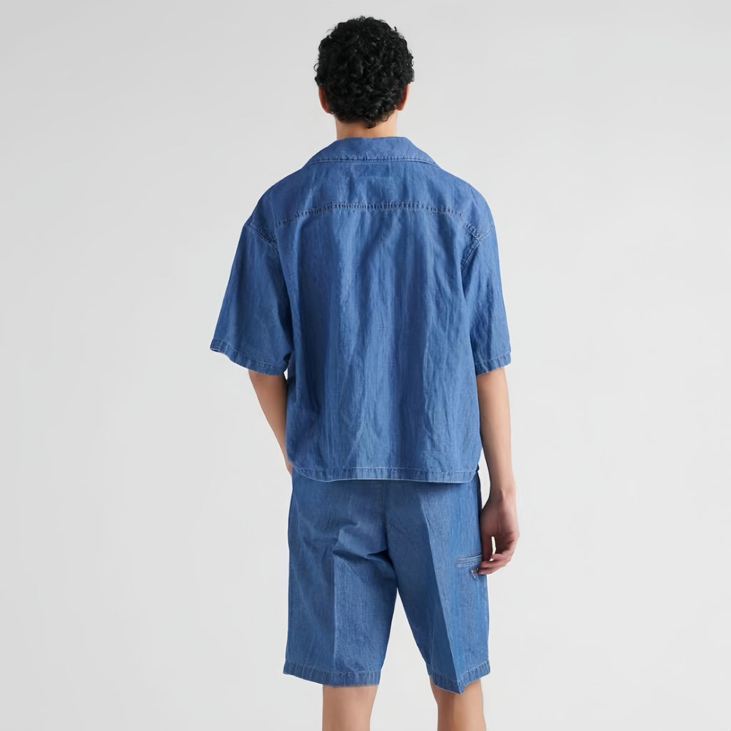 Prada Men's Summer Blue Lapel Single Breasted Short Sleeve Denim Shirt Jacket Shorts Set Suit #98554