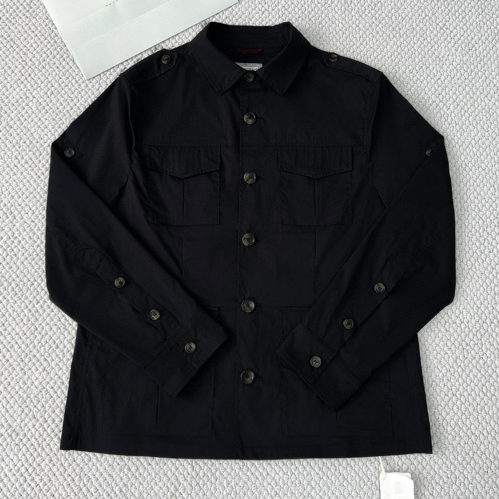 Brunello Cucinelli Men's Spring & Fall Lightweight Water-Resistant Techno Cotton Unlined Safari Jacket Solid Color Lapel Single Breasted Shirt Style Jacket Ngvp #1946