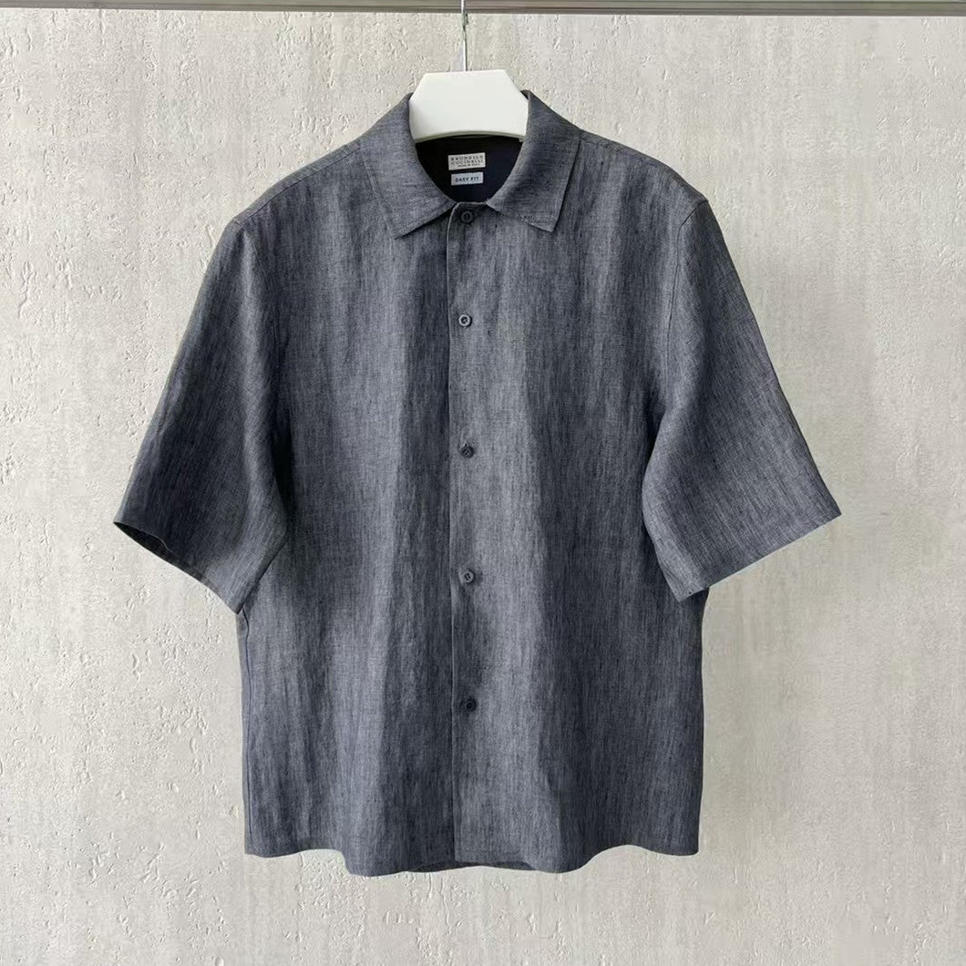 Brunello Cucinelli Men's Linen Loose Summer Single-Breasted Solid Color Lapel Short Sleeve Shirt Ngvp #1454
