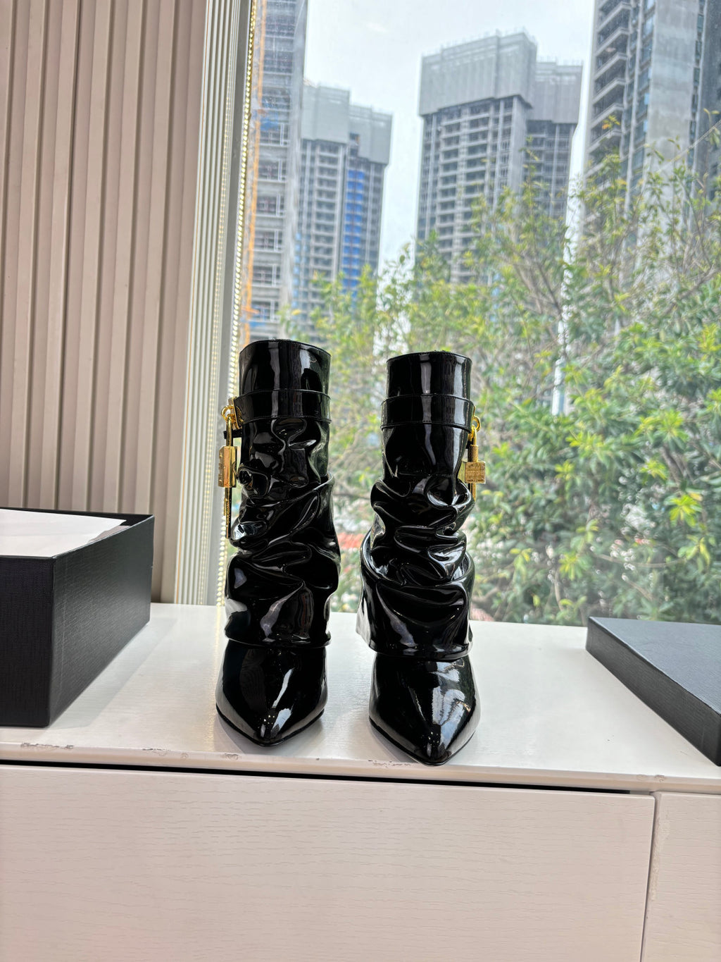 Givenchy Women's New Style Cavalier Boots Glossy Leather Boots Leather Strap Metal Buckle Asymmetric 4G LOGO Metal Padlock #333020