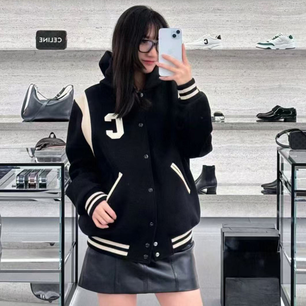 Celine Men's Spring And Autumn Colour Blocking Casual Single-breasted Jacket Logo Wool Blend Hooded Baseball Coat Jacket #71844