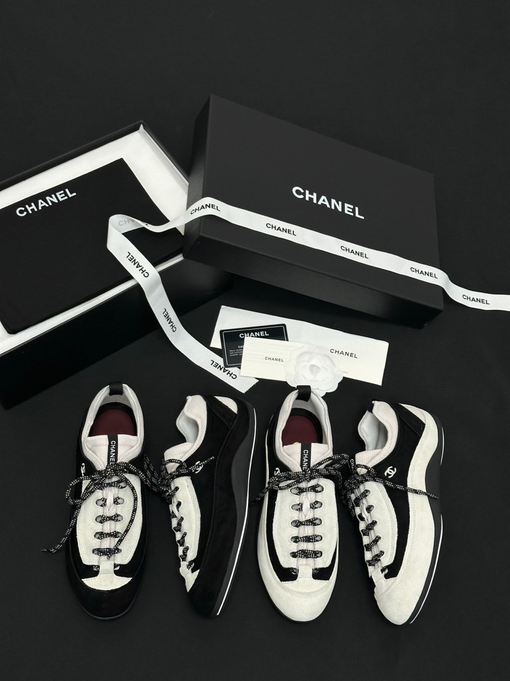 CHANEL Sneakers Velvet Calfskin Mixed Fibers Black White #386496