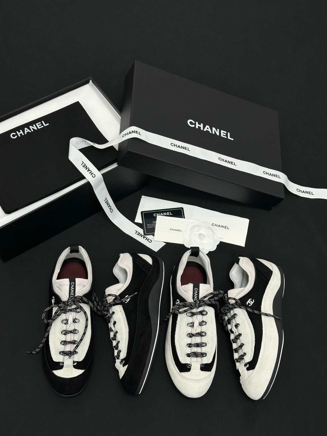 CHANEL Sneakers Velvet Calfskin Mixed Fibers Black White #386496
