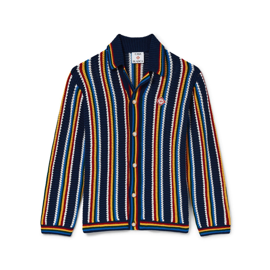 Casablanca Men's Spring And Summer Vertical Stripes Printed Single Breasted Long Sleeved Knitted Shirt Drawstring Tie Casual Knitted Shorts Suit Set #76349