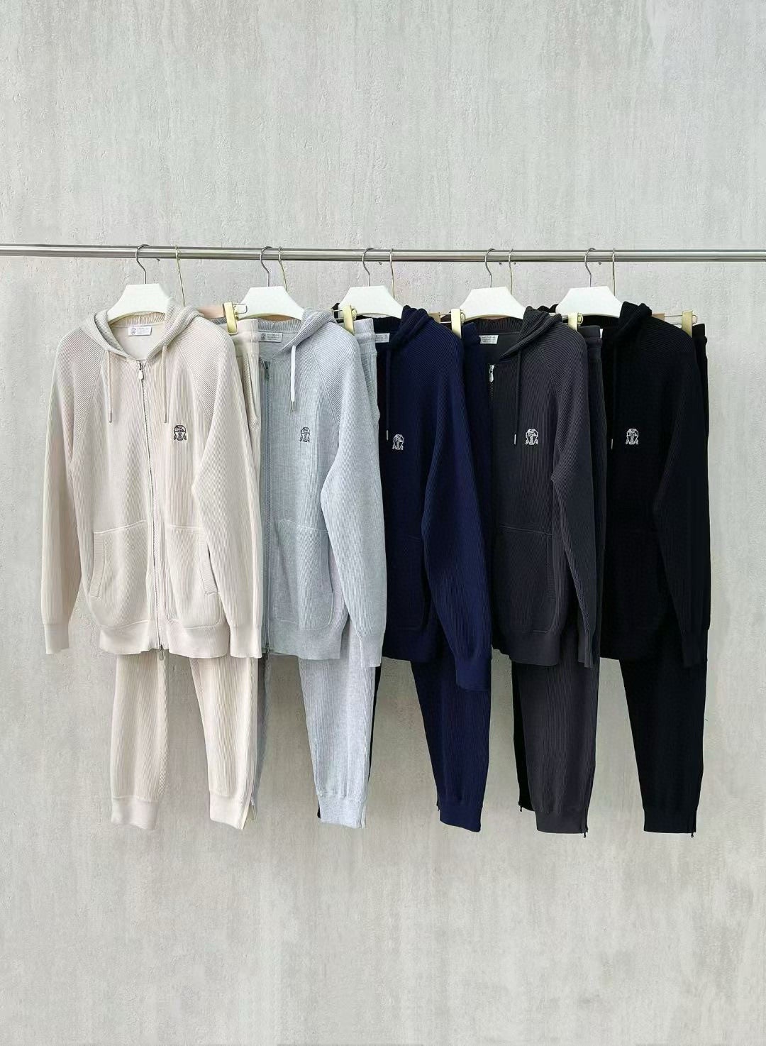 Brunello Cucinelli Men's Spring/autumn Fashion Casual Solid Color Logo Zipper Hoodie Ribbed Cotton Knit Pants Zipper Cuffs Suit Set #78353