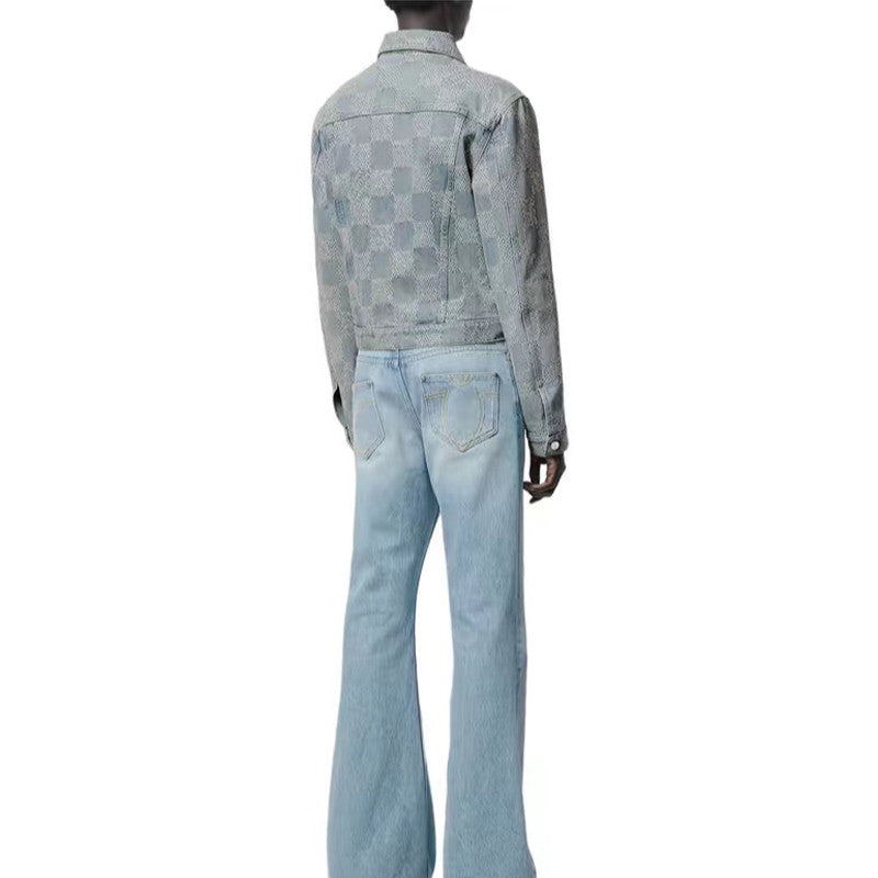 Louis Vuitton Men's Spring And Fall Jacquard Single-Breasted Lapel Long-Sleeved Faux Crystal Damier Denim Jacket Plaid Printed Straight Denim Pants Ngvp #9383