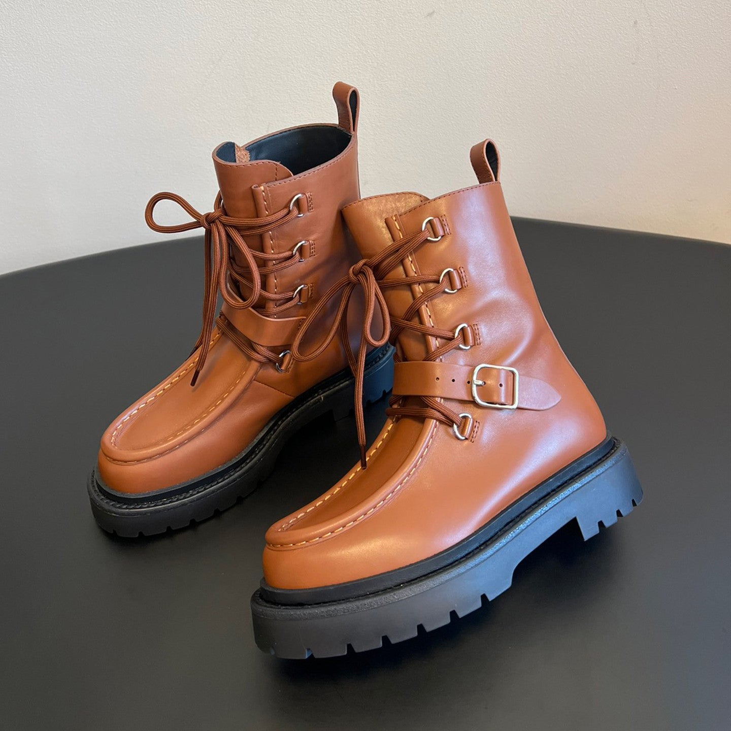 Hermes Women's Fall/Winter Land Ankle Boots Solid-Color Cowhide Lace-Up Short Boots Outdoor Boots Heel Height: 3.5cm Shoes Ngvp #2325