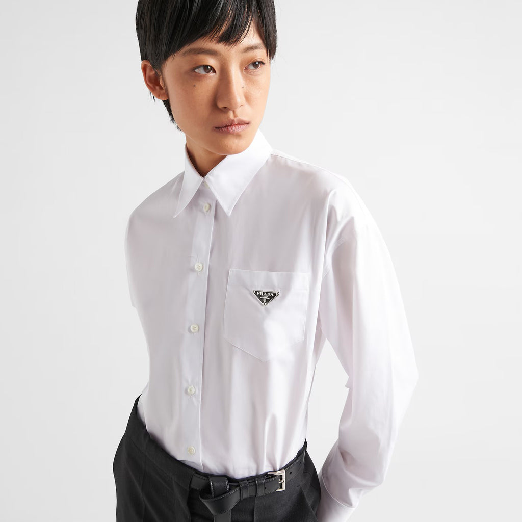 Prada Men's Women's Spring/Summer Solid Color Cotton Triangle Label Pocket Single Button Long Sleeve Shirt #77372