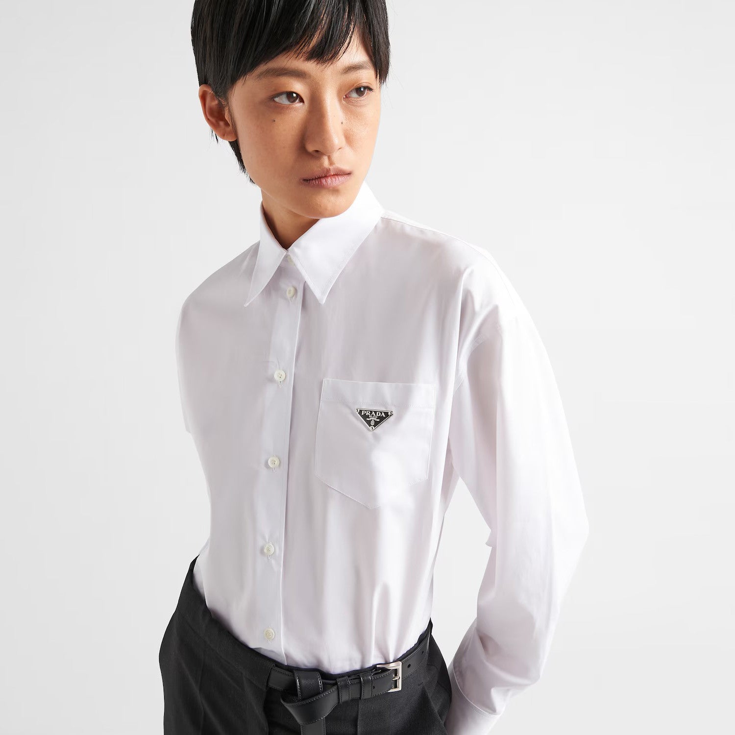 Prada Men's Women's Spring/Summer Solid Color Cotton Triangle Label Pocket Single Button Long Sleeve Shirt #77372