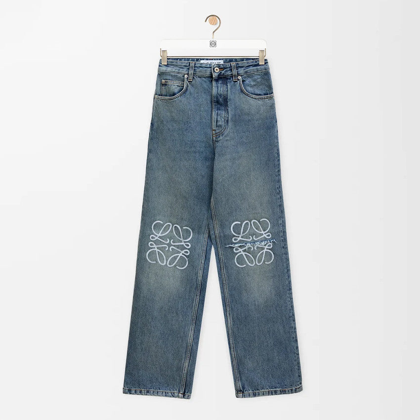 Loewe Men's Four Seasons Anagram Baggy Jeans Cotton Washed Hollow Slash Logo Trousers Pants #76834