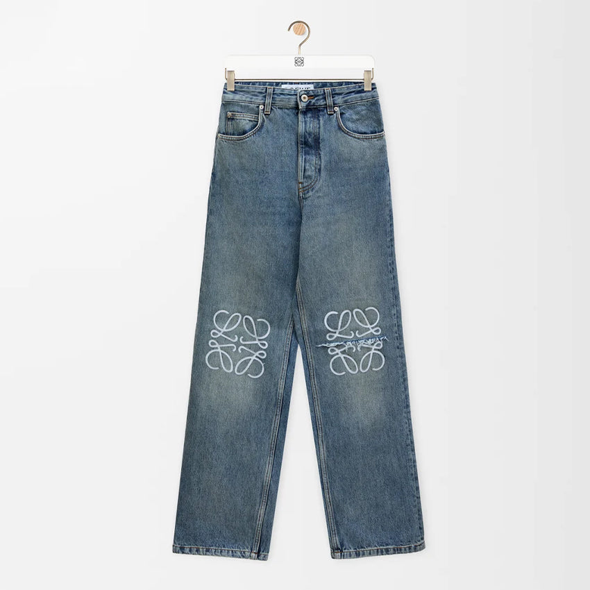 Loewe Men's Four Seasons Anagram Baggy Jeans Cotton Washed Hollow Slash Logo Trousers Pants #76834