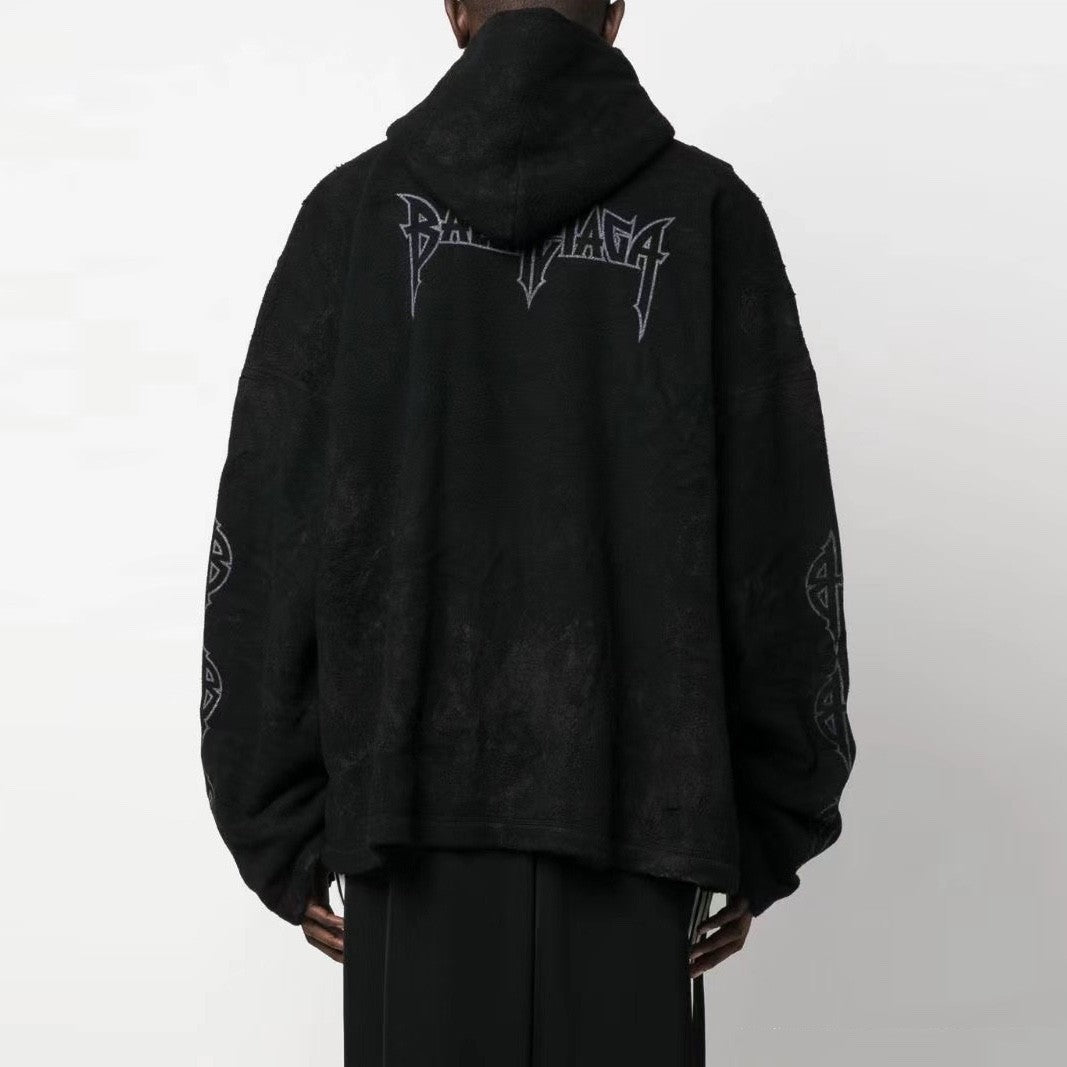 Balenciaga Men And Women With The Same Models Spring And Fall Do Old Do Fake Holes Washed Hooded Sweatshirt Pullover Paris Moon No Pocket Hoodie Oversized Black Faded #72926