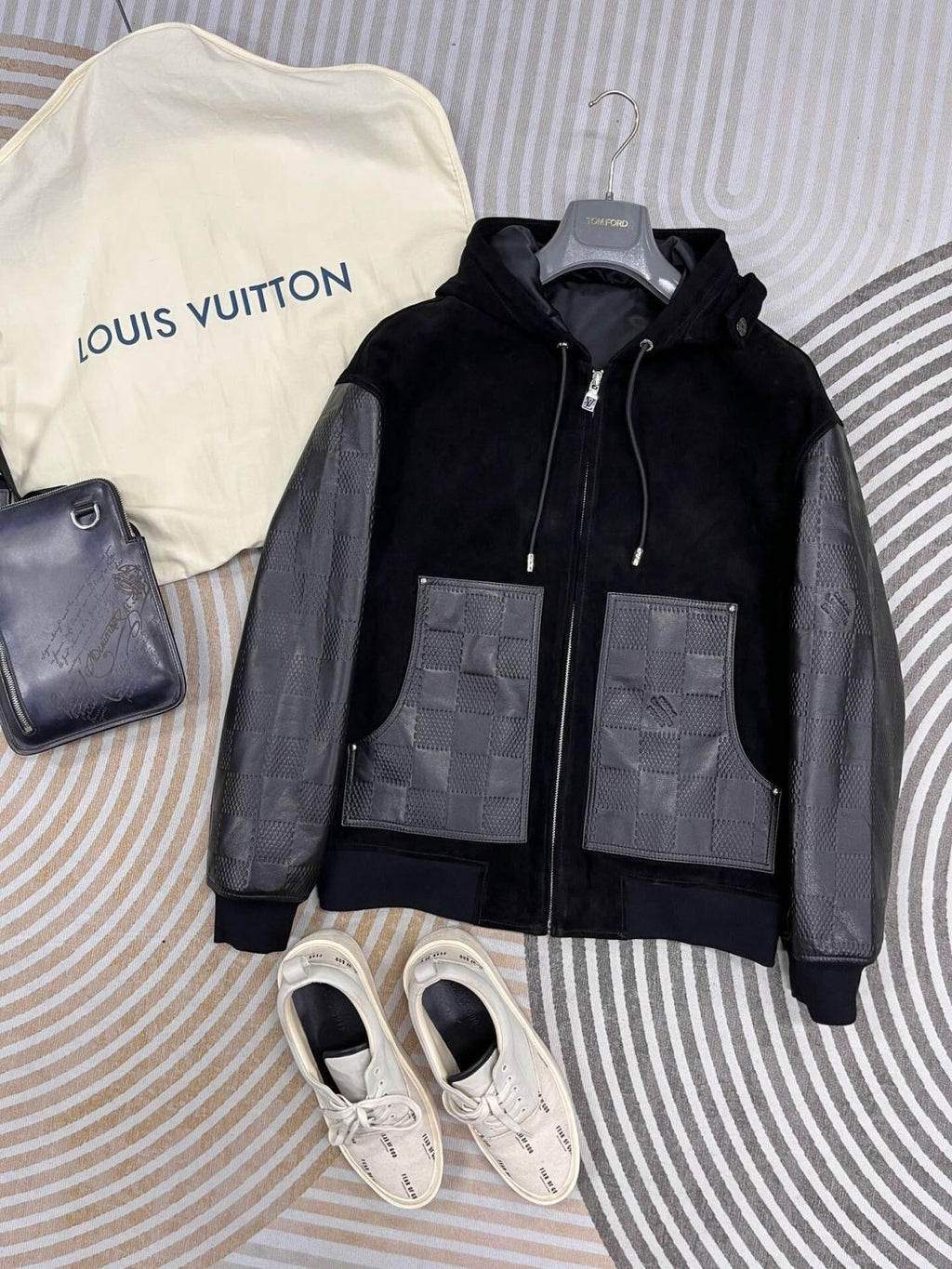 Louis Vuitton Men's Fall And Winter Black Suede Patchwork Hooded Drawstring Zipper Long Sleeve Jacket #73342