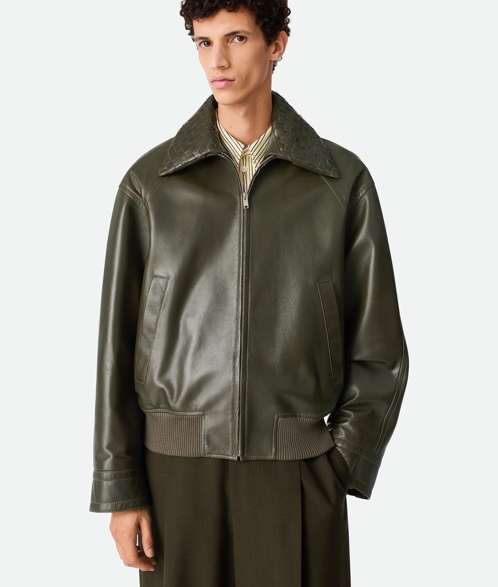 Bottega Veneta Men's Fall And Winter Woven Leather Collar Zipper Leather Jacket Business Casual Fashion Luxury Leather Jacket Coat Ngvp #2484