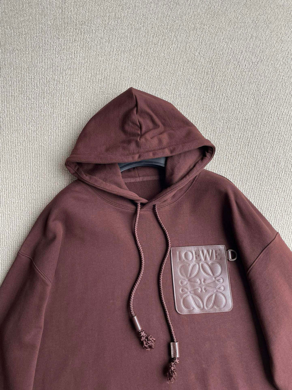 Loewe Men's Spring & Autumn Solid Color Logo Leather Label Drawstring Hooded Sweatshirt Pullover #98912