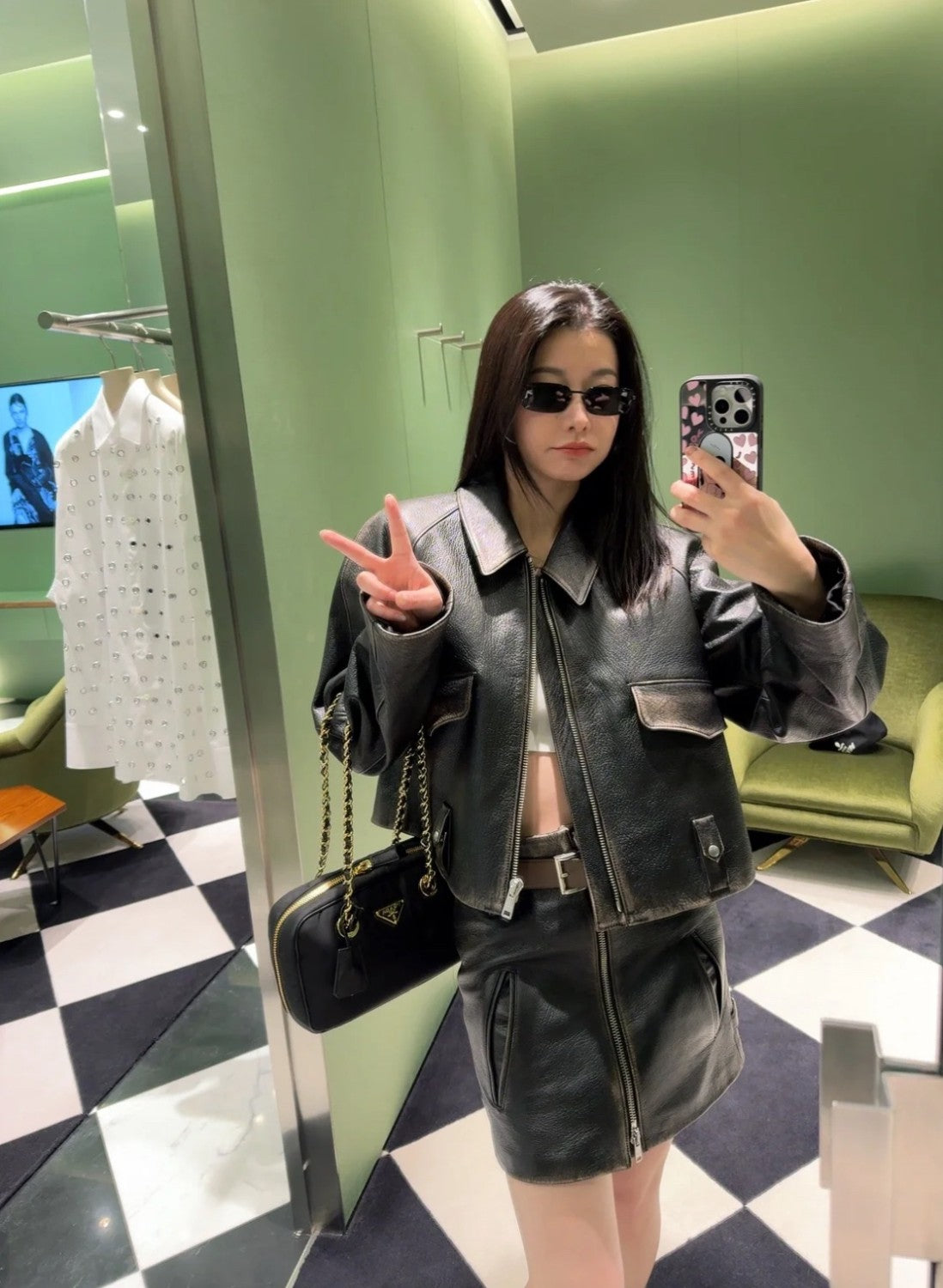Prada Men's Women's Autumn and Winter Retro High Street Biker Style Leather Jacket Lapel Belt Zipper Jacket Coat  Ngvp #9157
