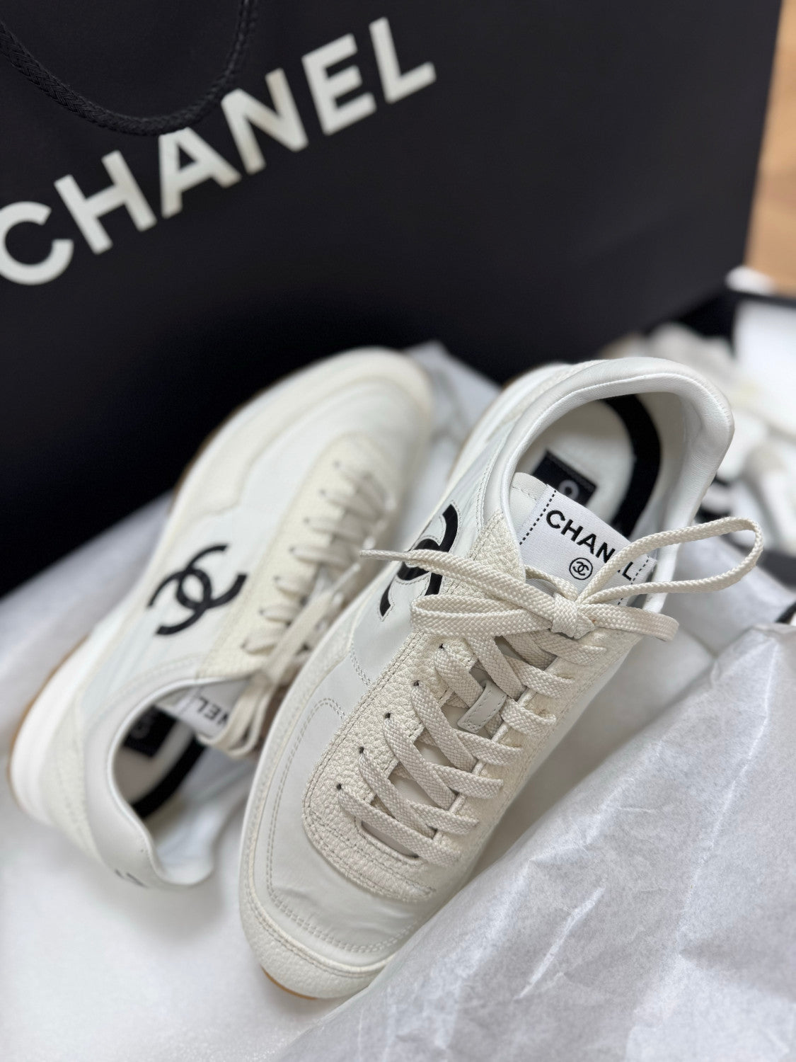 CHANEL Trainers Fabric Embossed Suede Calfskin White Black #381215