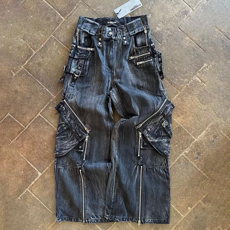 No Faith Studios Men's Solid Color Zipper Logo Embroidered Washed Jeans Loose Fit Work Pants Ngvp #7771