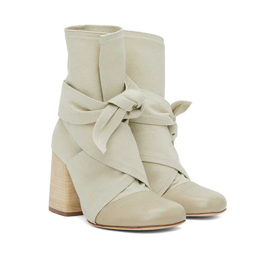 Lemaire Women's Canvas Leather High-Heeled Short Boots. Spring And Autumn Solid Color Bow Round Toe Lace-Up Thick Heel Casual Shoes Ngvp #2147
