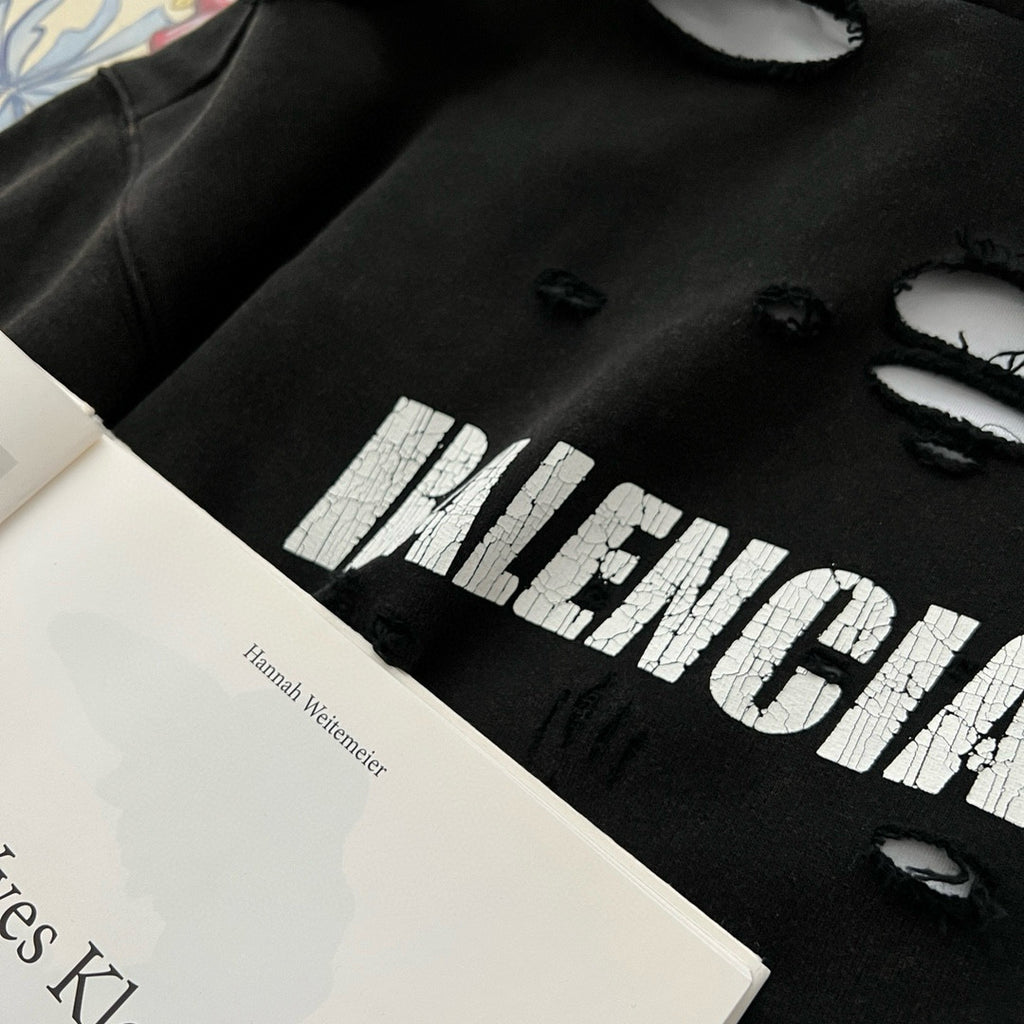 Balenciaga Men's Summer Black Letter Printed Torn Hooded Sweatshirt Pullover #97624
