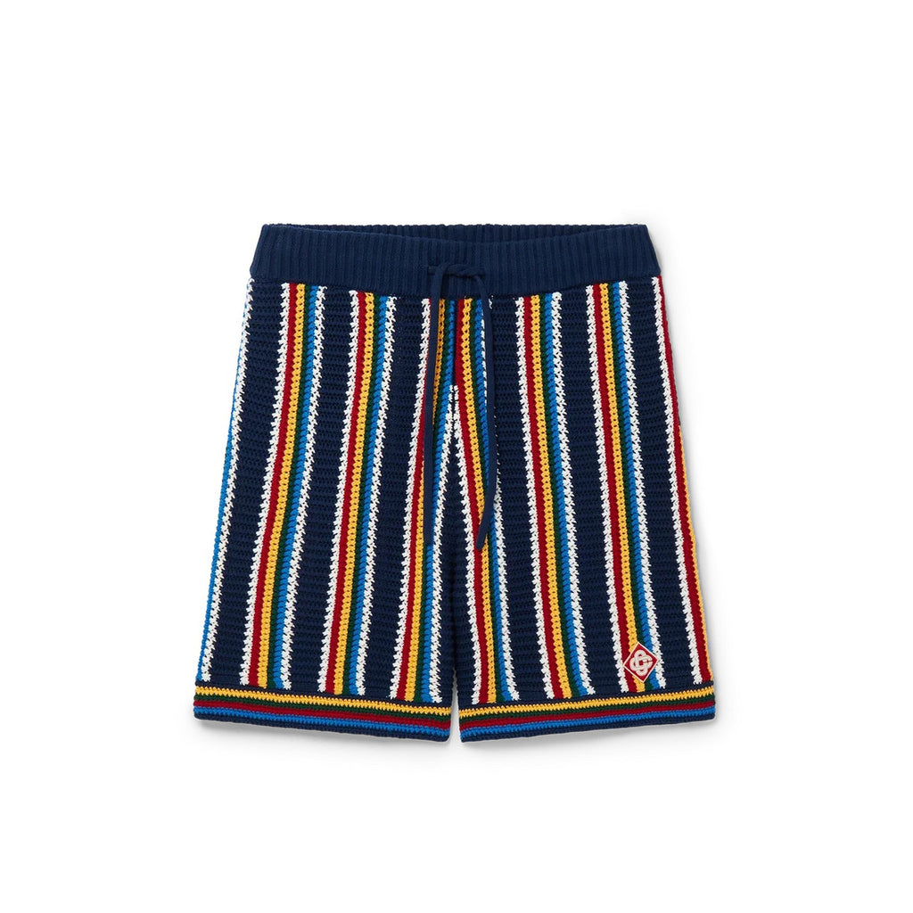 Casablanca Men's Spring And Summer Vertical Stripes Printed Single Breasted Long Sleeved Knitted Shirt Drawstring Tie Casual Knitted Shorts Suit Set #76349