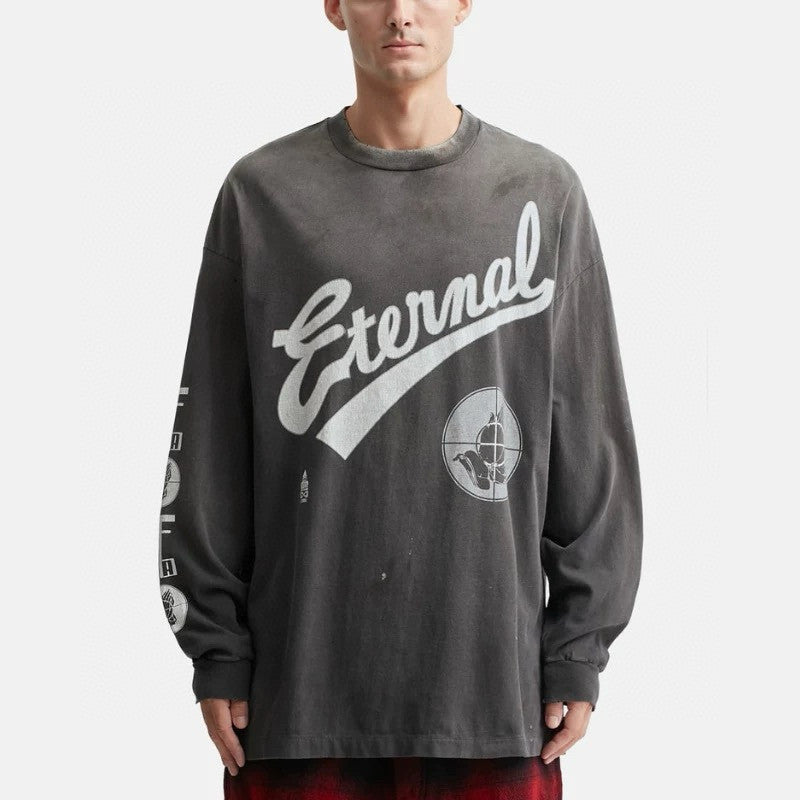 Saint Michael x Fear Of God Men's Letter Print Spring And Fall Washed And Old Solid Color Cotton Stand-Up Collar Long Sleeve T-Shirt Ngvp #1834