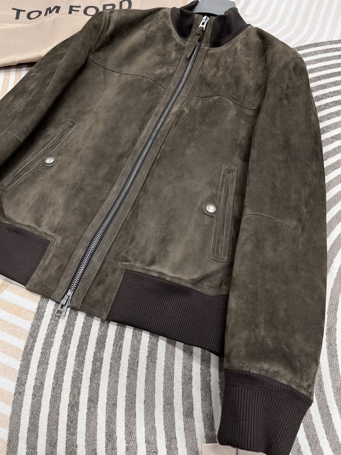 Tom Ford Men's Fall/Winter Casual Fashion Crew Neck Zipper Long Sleeve Baseball Leather Jacket #79296