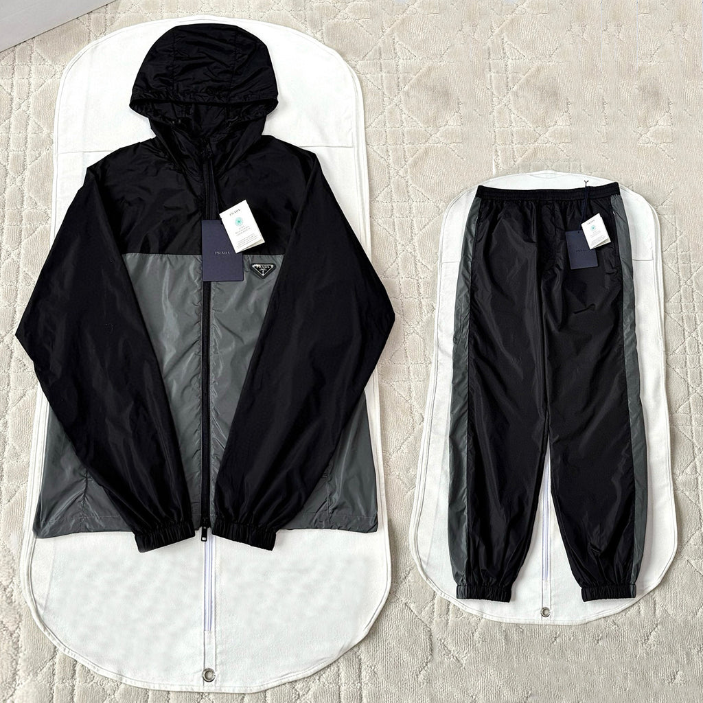 Prada Men's Spring/summer Fashion Casual Color Block Logo Badge Zipper Hooded Elastic Waist Loose Jacket Striped Patchwork Loose Cuffs Casual Pants Nylon Fabric Suit Set #78355
