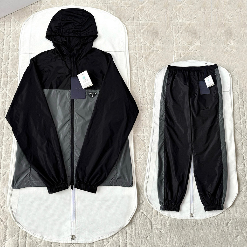 Prada Men's Spring/summer Fashion Casual Color Block Logo Badge Zipper Hooded Elastic Waist Loose Jacket Striped Patchwork Loose Cuffs Casual Pants Nylon Fabric Suit Set #78355