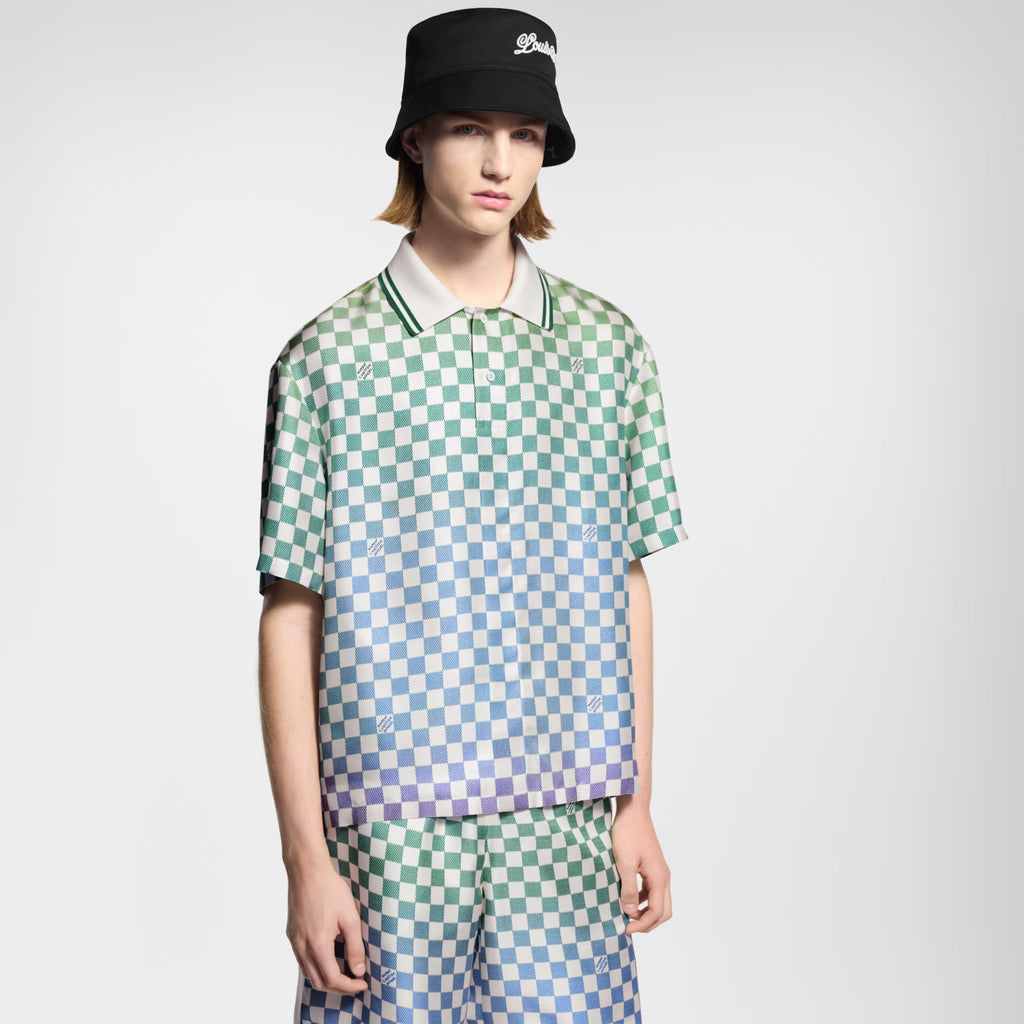 Louis Vuitton Men's Spring/Summer Damier Gradient Printed Mulberry Silk Short Sleeve Polo Shirt Casual Elastic Waist Shorts #81171