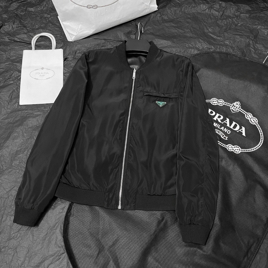 Prada Men's Fall/Winter Fashion Classic Solid Color Leather Crew Neck Zip Up Reversible Leather Plain Weave Jacket #79345