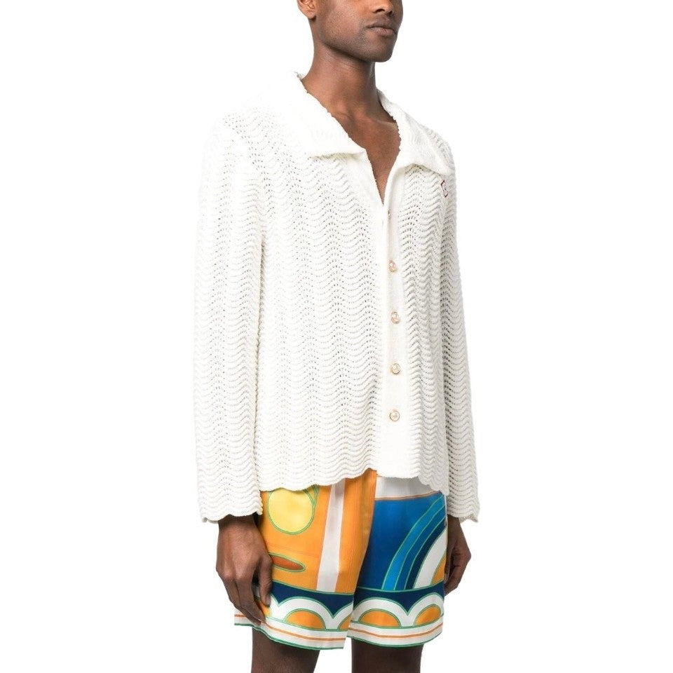 Casablanca Men's Summer White Lapel Single Breasted Skeleton Long Sleeve Knit Jacket #72868