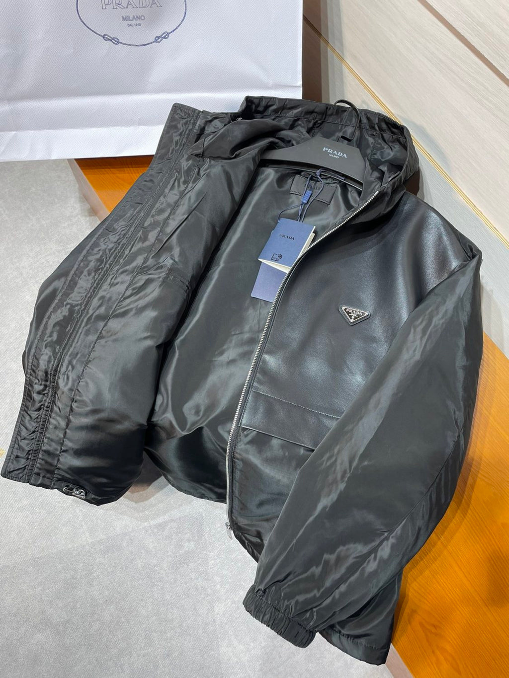 Prada Men's Spring and Fall Black Logo Patchwork High Collar Zipper Jacket #73282