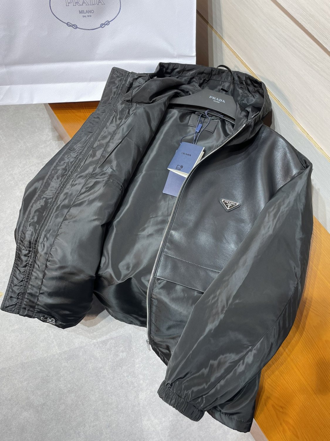 Prada Men's Spring and Fall Black Logo Patchwork High Collar Zipper Jacket #73282