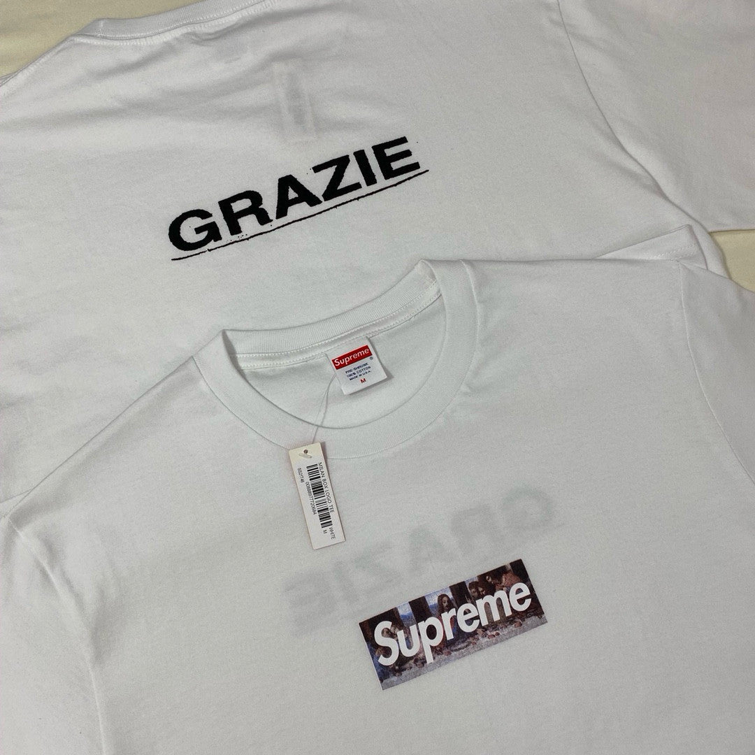 Supreme Week 11 Milan Last Supper Men's & Women's White Leonardo da Vinci The Last Supper Box Logo Print Solid Colour Casual Round Neck Short Sleeve T-Shirt #99265