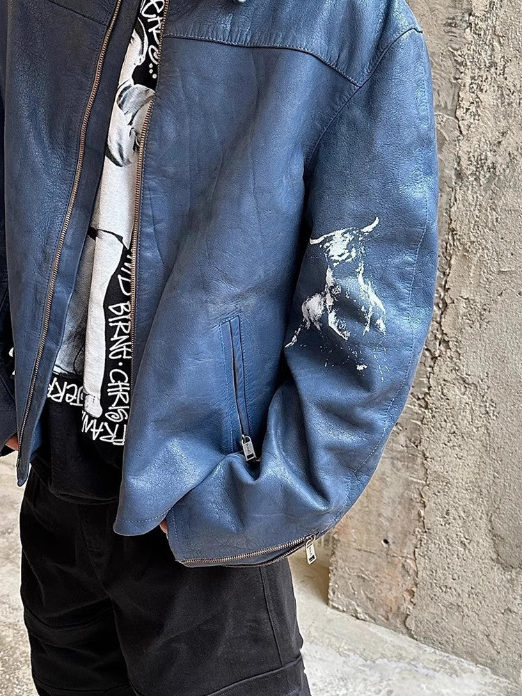 Enfants Riches Deprimes Men's Spring. Autumn And Winter Washed And Aged Crackle Pattern Printed Zipper Solid Color Long Sleeve Cowhide Jacket Ngvp #9337
