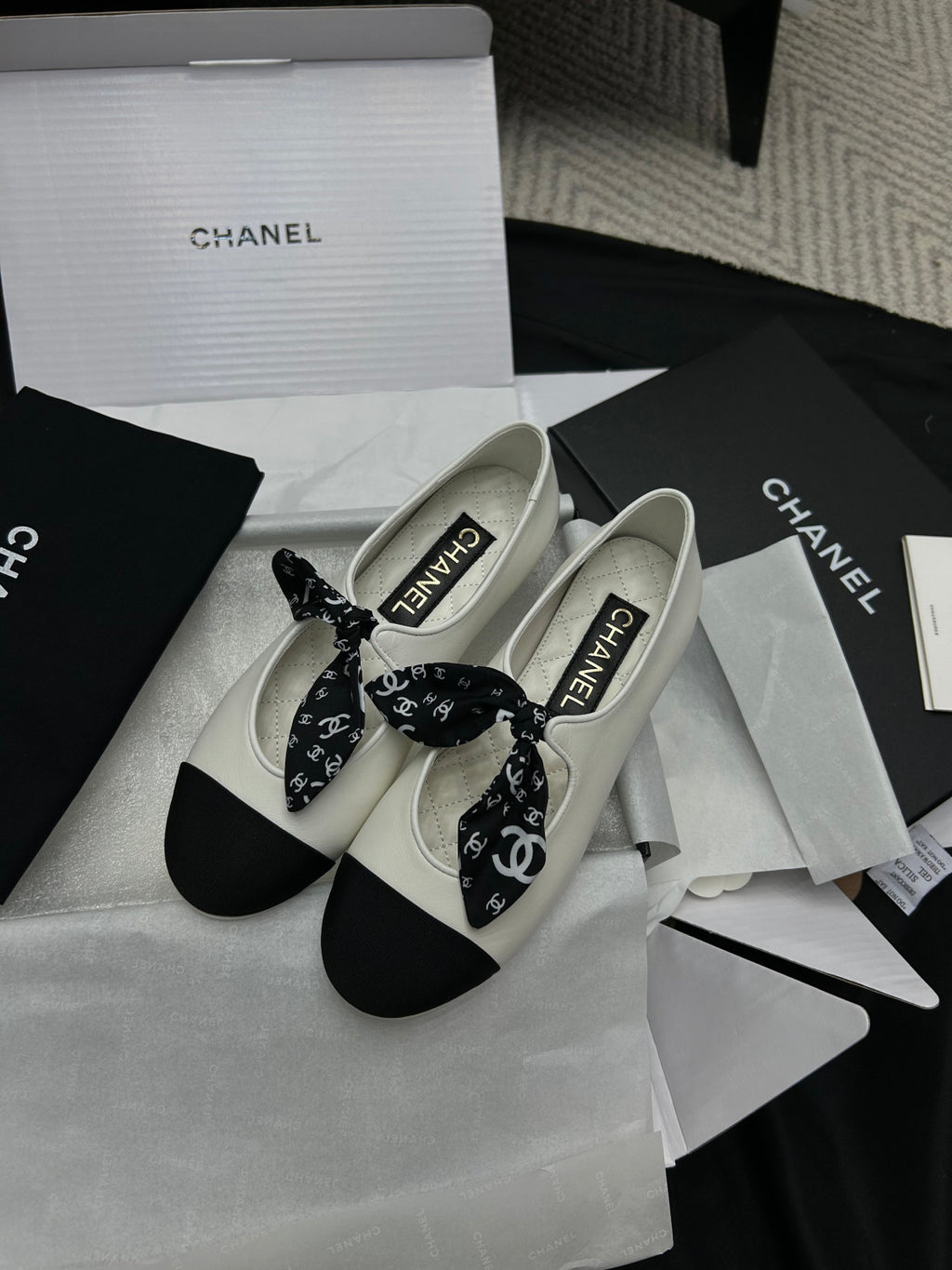 Chanel Mary Janes Lambskin Silk Grosgrain White Black #334248