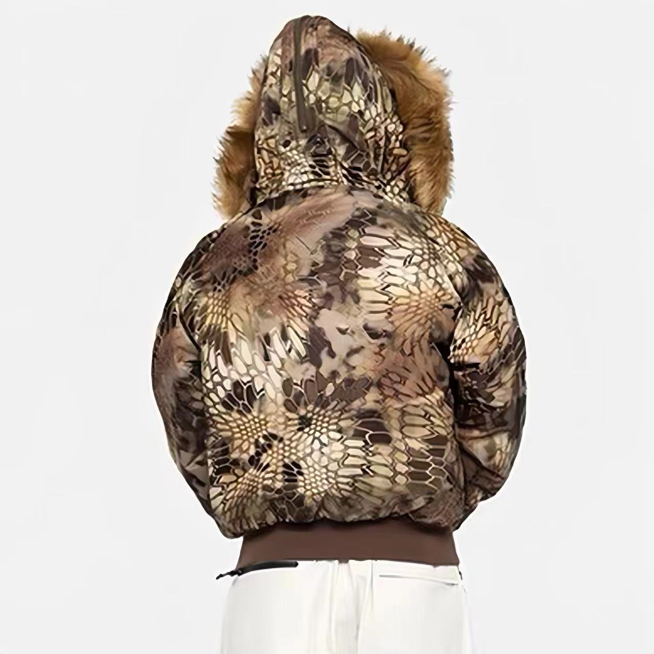 Stussy Men's And Women's Fall And Winter Fashion Python Print Hooded Fur Collar Short Jacket Casual Thickened Jacket Ngvp #7653