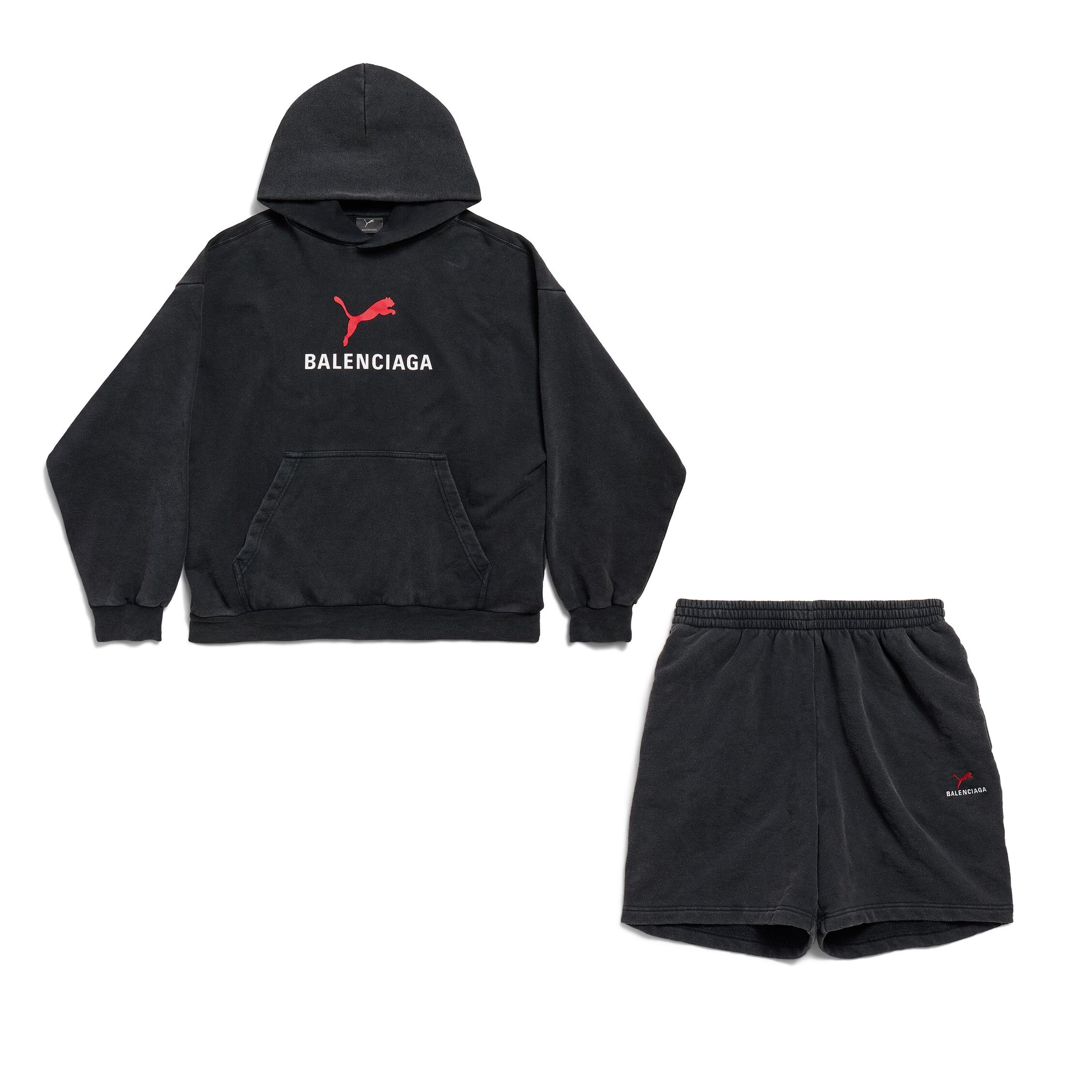 Balenciaga PUMA HOODIE Men's And Women's Spring/Fall Fashion Casual Faded Washed Hooded Pullover Long-Sleeve Sweatshirt Sweatpants Set with Elastic Waistband Faded Washed Shorts Suit Set #78813