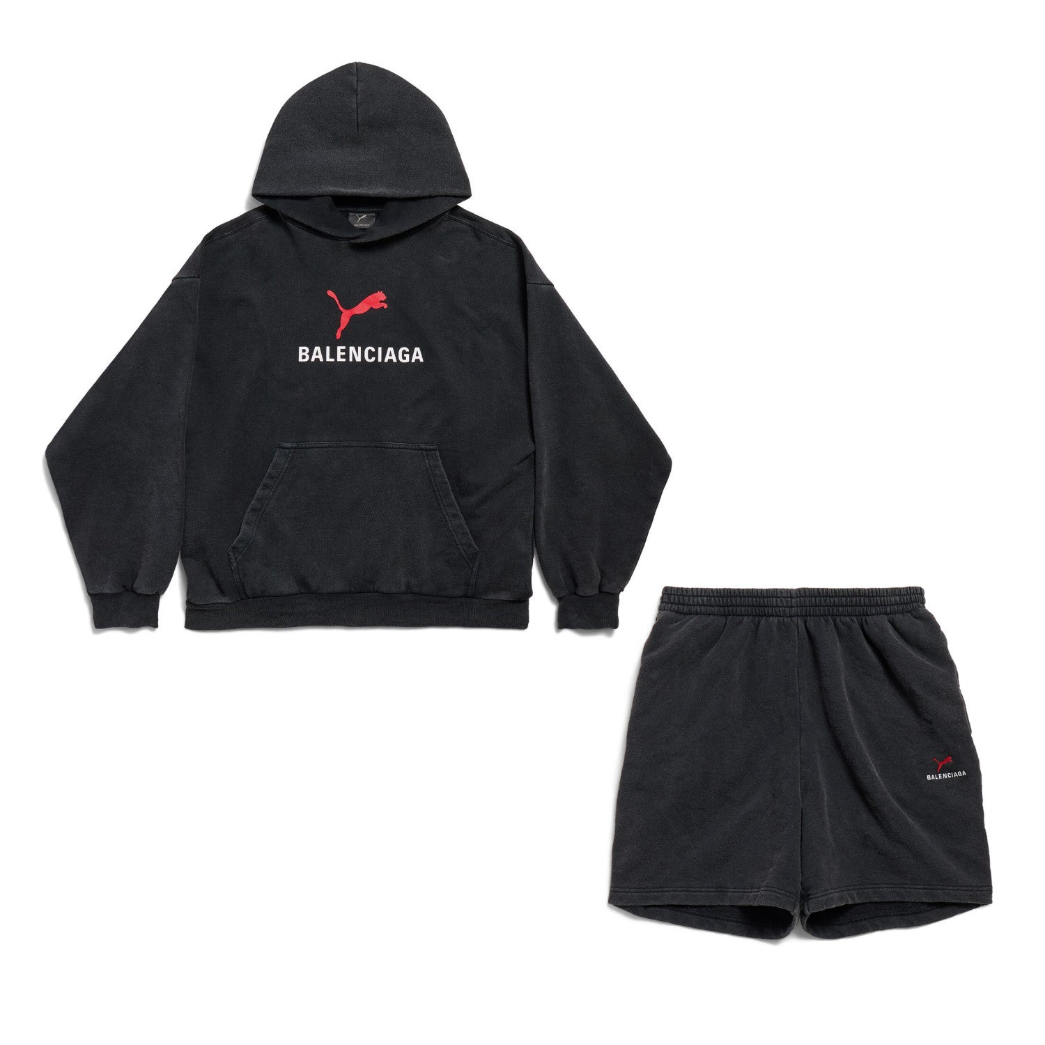 Balenciaga PUMA HOODIE Men's And Women's Spring/Fall Fashion Casual Faded Washed Hooded Pullover Long-Sleeve Sweatshirt Sweatpants Set with Elastic Waistband Faded Washed Shorts Suit Set #78813